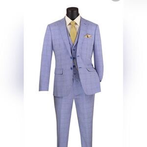MEN'S VINCI 3 PIECE SLIM FIT SUIT SKY BLUE GLEN PLAID SV2W6.